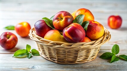 Ripe Nectarines in Wicker Basket - Fresh Fruit Still Life Photography for Kitchen Decor