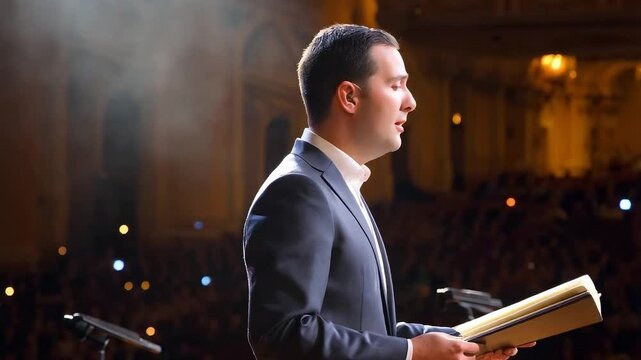 Opera singer during a concert. Solo singer with the choir behind. Classical music, score, passion.
