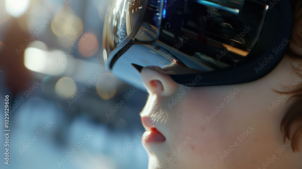Poster child wearing futuristic goggles gazes into distance, immersed in world of technology and wonder. so