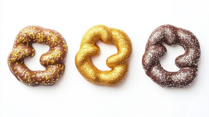 Festive chocolate-covered pretzels decorated with edible gold and silver glitter, isolated on white background