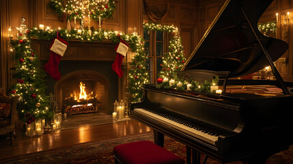 A grand piano in a luxurious living room decorated with garlands candles and stockings with a roaring fireplace in the background.
