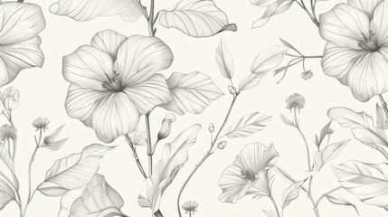 Fototapeta premium Elegant botanical line art featuring delicate leaves and flowers in black and white, creating a calming and refined wallpaper design for any space.