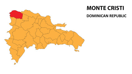 Obraz premium Monte Cristi Map is highlighted on the Dominican Republic map with detailed state and region outlines.