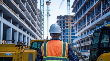 Construction worker overseeing a building site with cranes and machinery.