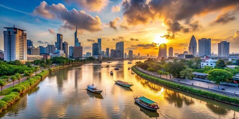 Obraz premium Riverside View of Ho Chi Minh City: Scenic Panoramic Photography of Vietnam's Urban Landscape