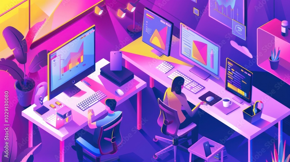Wall mural two people working on computers in a colorful office setting.