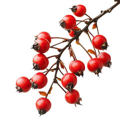 A branch with vibrant red berries and brown autumn leaves isolated on white background, perfect for showcasing nature, seasonal themes, or fall decor.