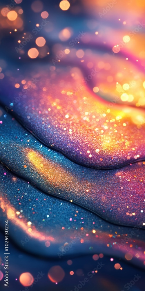 Poster colorful abstract waves with shimmering textures and glowing bokeh effects.