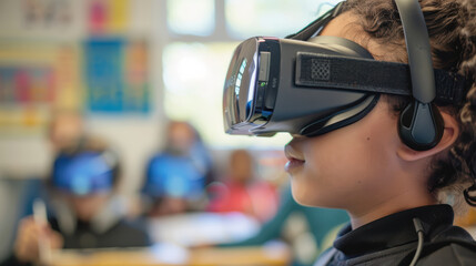 Immersive virtual reality experience in classroom setting, showcasing young girl wearing VR headset while classmates engage in learning activities