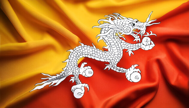 Bhutan Flag waving in the wind. Close up of Bhutan banner blowing, soft and smooth silk. Cloth fabric texture ensign background