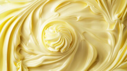 Banana yogurt swirl close up, fruit cream texture, top view background