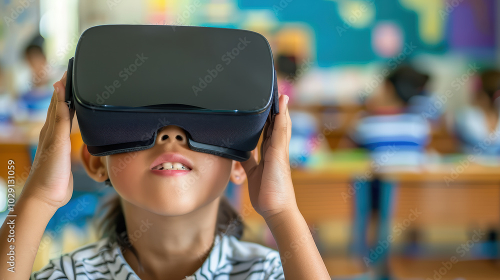 Poster child wearing virtual reality goggles in classroom, exploring new worlds and learning through techno