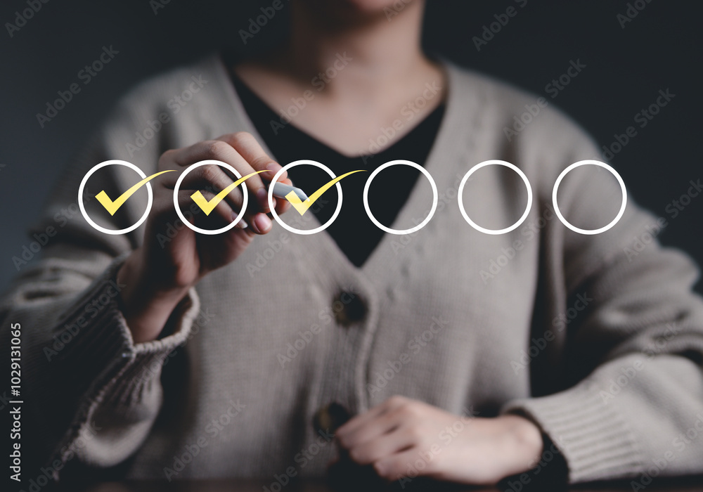 Poster checklist concept. businesswoman use pen to tick correct sign mark in checkbox for quality document 