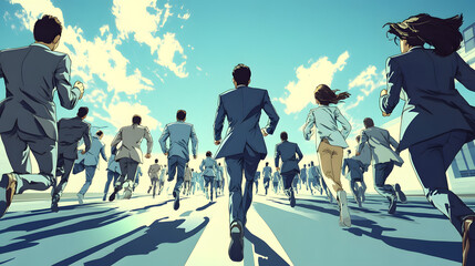 business women and men running a marathon, business concept, achieving goals and reaching objectives in a company