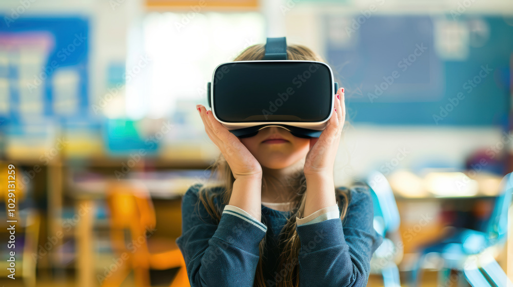 Aufkleber child wearing virtual reality goggles in classroom setting, exploring immersive technology. scene ca