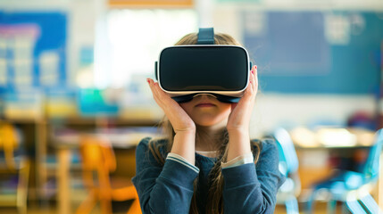 child wearing virtual reality goggles in classroom setting, exploring immersive technology. scene captures curiosity and excitement in learning environment