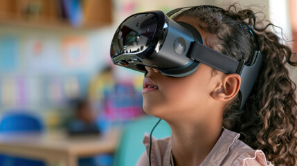 Immersed in virtual world, young girl experiences excitement of technology through VR headset in classroom setting. Her curiosity and wonder are evident as she explores new dimensions