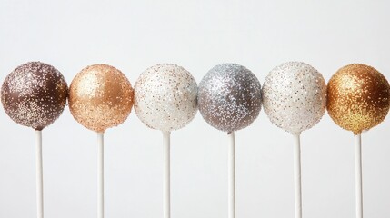 Festive New Year cake pops covered in edible glitter and sparkles, arranged on white background