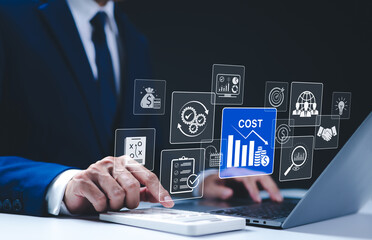 Cost reduction business finance concept. A businessman using a laptop with icons represents cost reduction, financial planning, and strategy. corporate finance, cost management, effective business,