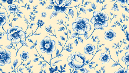 Vintage-inspired blue floral pattern on cream background, Generative AI