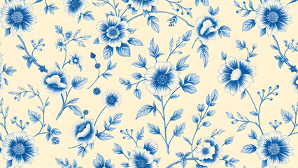 Delicate blue floral pattern with detailed leaves and soft petals, Generative AI