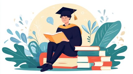 Front view cartoon drawing of a graduate student in a colorful flat design, symbolizing further education and academic accomplishment