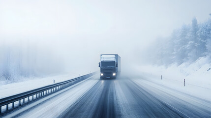 A large truck carefully driving on a frozen highway with ice fog rising from the road.