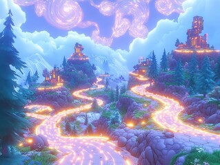 Enchanting Fantasy Landscape with Winding Glowing Paths Amid Magical Forest and Fairy Castles Under a Majestic Starry Sky