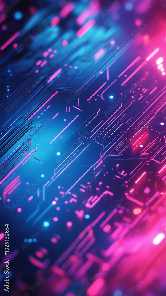 Poster abstract digital background with vibrant blue and pink circuit patterns.