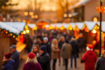 Fototapeta premium Blurred christmas market bokeh, crowd shopping and walking on festive illuminated, glowing street, lights and winter holidays celebration background.