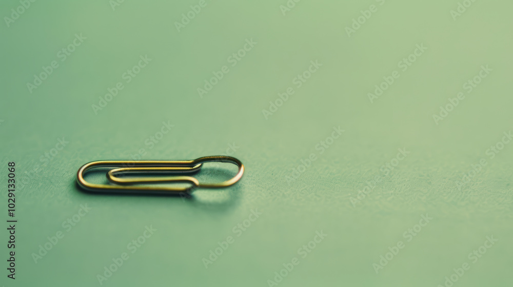 Poster simple gold paperclip rests on smooth green surface, showcasing its sleek design and functionality. 