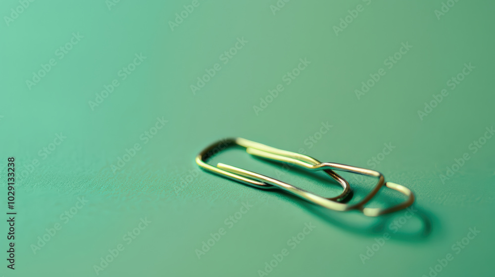 Poster close up view of paperclip resting on smooth, green surface, showcasing its metallic shine and simpl
