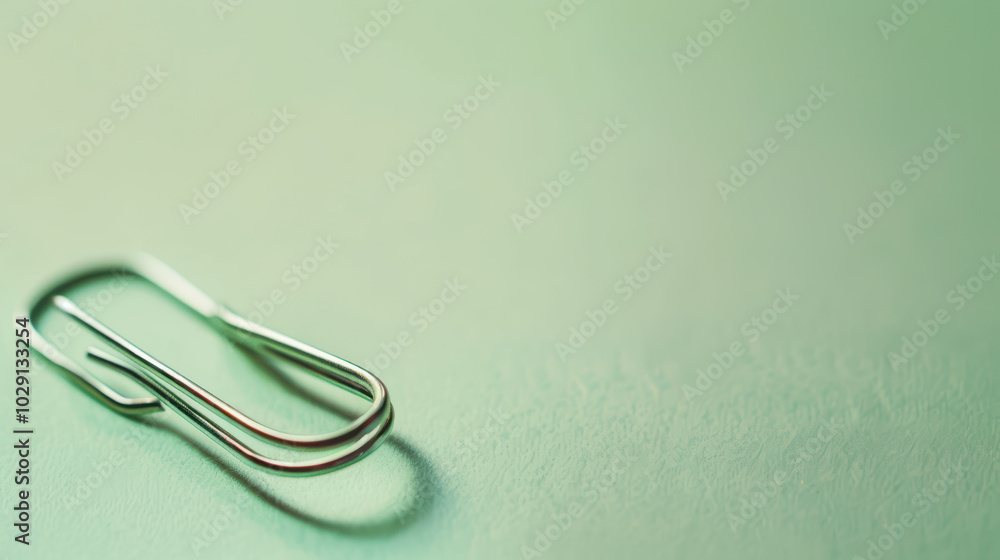 Poster close up view of silver paperclip resting on soft green surface, showcasing its sleek design and sub