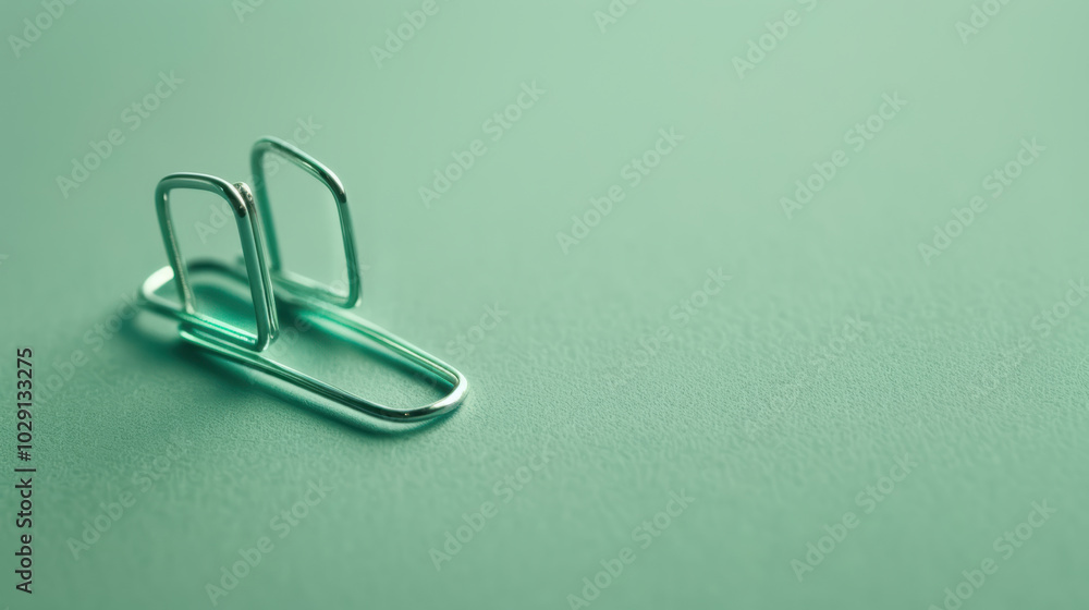 Poster close up view of silver paper clip resting on soft green surface, showcasing its sleek design and fu