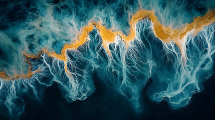 An Aerial Exploration of Intricate Lace-Like Patterns of River Deltas Merging into the Ocean, Showcasing Life and Ecosystem Diversity