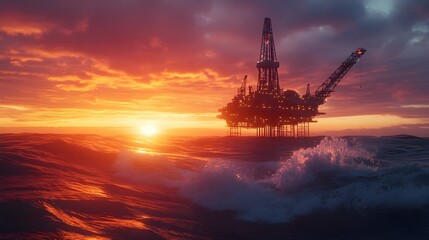 Fototapeta premium Oil Rig at Sunset Over Calm Waters
