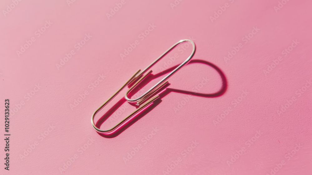 Poster simple paper clip rests on vibrant pink background, casting soft shadow that adds depth to compositi