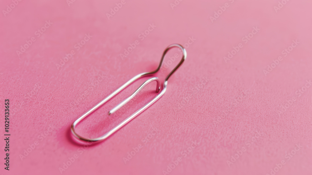 Poster silver paperclip rests on soft pink background, showcasing its sleek design and functionality. this 