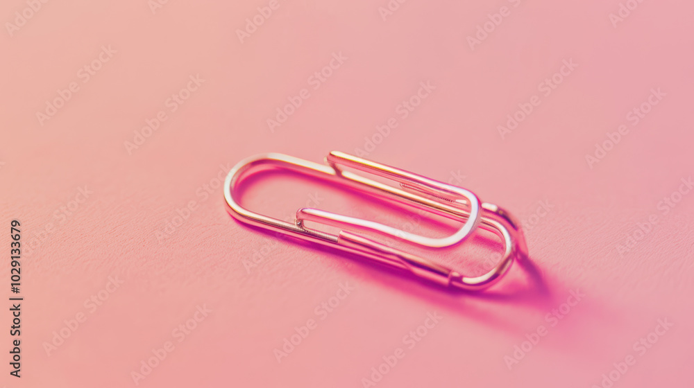 Poster shiny paperclip rests on soft pink background, showcasing its sleek design and metallic finish. this