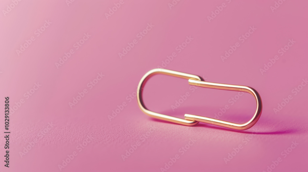 Poster golden paperclip rests on soft pink surface, showcasing its sleek design and simplicity. contrast be