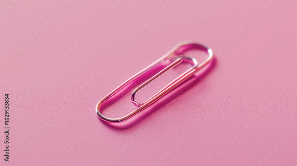 Poster shiny pink paperclip rests on smooth pink surface, showcasing its sleek design and vibrant color. th
