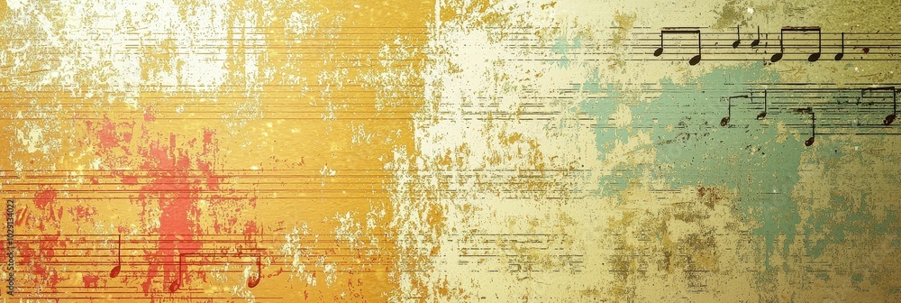 Poster blend of vibrant colors and musical notes on a textured surface, creating an engaging and dynamic vi