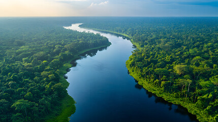 Aerial Perspective Highlighting Mesmerizing Water Currents Winding Through the Lush Green Valleys of the Amazon Rainforest