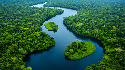 Aerial Perspective Highlighting Mesmerizing Water Currents Winding Through the Lush Green Valleys of the Amazon Rainforest