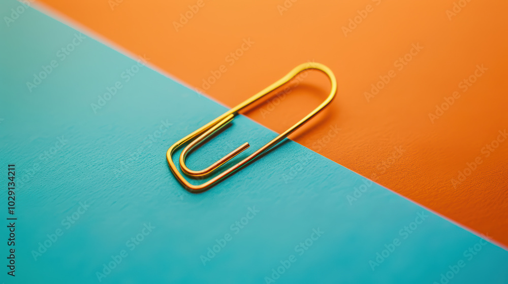 Poster golden paper clip rests on vibrant orange and blue background, creating striking visual contrast. th