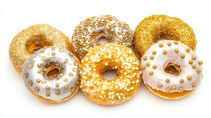 Gold and silver-themed donuts with sprinkles and frosting, festive New Year treats, isolated on white background