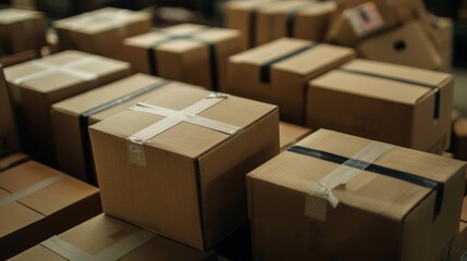 Branded Cardboard Boxes and Stickers for Enhancing Online Sales and Brand Recognition with Depth of Field Logistics and Fulfillment Concept for E commerce and Retail Delivery