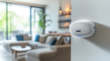 Home shield radon detector on a living room shelf, symbolizing safe indoor air monitoring for radon gas detection