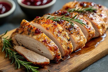 Succulent roasted turkey is sliced into portions, garnished with fresh herbs, and served with bowls of rich cranberry sauce in a cozy kitchen atmosphere