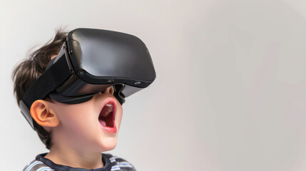 Fototapeta premium Child wearing virtual reality headset, expressing excitement and wonder. immersive experience captivates young minds, showcasing future of technology and play